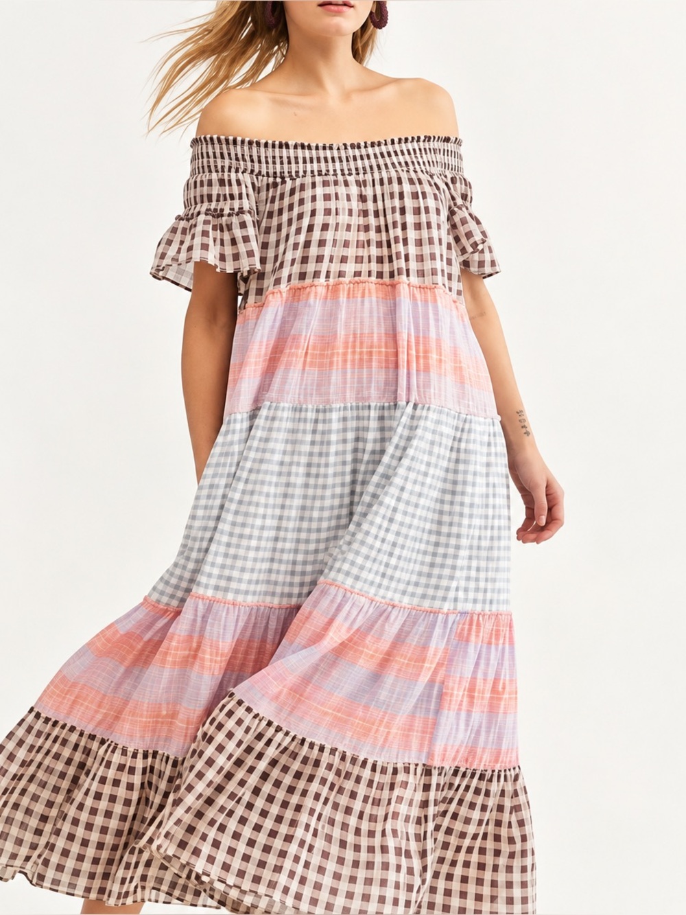 Free People Something Real Patchwork Plaid Tiered Maxi Dress